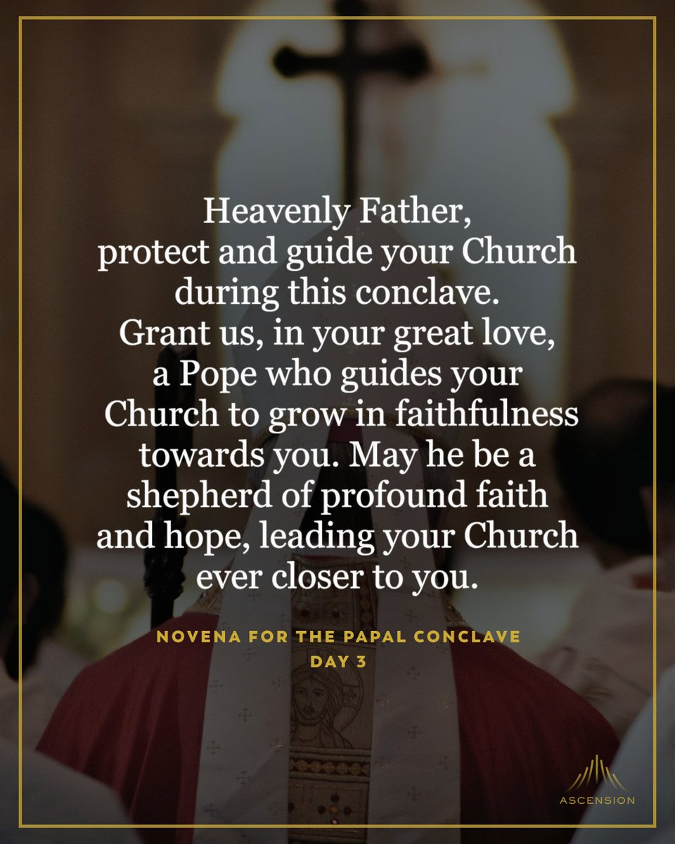 🙏  Day 3 — Novena for the Papal Conclave

In the name of the Father, and of the Son, and of the Holy Spirit. 

Amen.

O God, we pray in union with the whole Church for the descent of the Holy Spirit upon the cardinals. Holy Spirit, we ask you to guide the cardinals through the