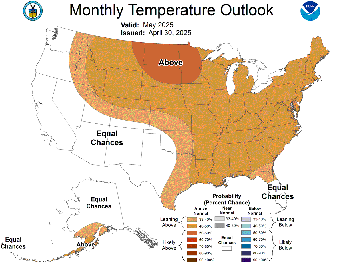 JustinMGlisan's tweet photo. The final May climatological outlooks from
@NWSCPC show elevated chances of warmer temps. & a leaning drier signal across northeastern Iowa. May's 30-year average temperature is 59.9 degrees F while 4.84" of precipitation is expected. #IowaAg #IowaClimate #grow25 https://t.co/xj8a1bwGks
