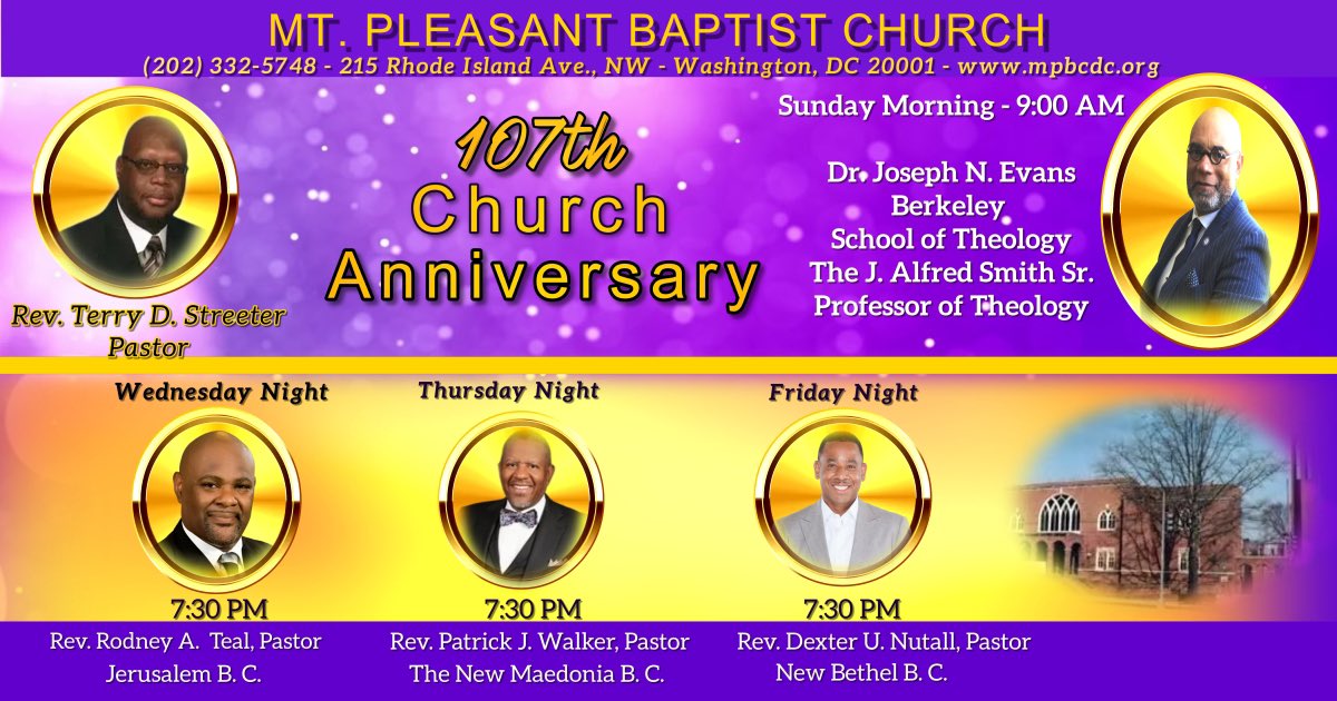 🔥Kick Off🔥

Tonight ‼️ 107th Church Anniversary 

Wed - Rev Rodney Teal

Thurs - Rev Patrick J. Walker
Fri - Rev Dexter Nutall

mpbcdc.org

#ChurchAnniversary
#107th
#mpbcdc