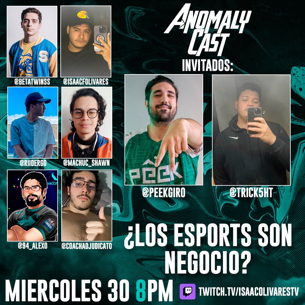 Hola chat. 🗣️
Hoy tenemos de regreso la novela del compe. Con estos 2 invitados especiales para hablar de ¿Los Esports son negocio? @peekGiro y <a href="/trick5ht/">Trick5ht</a>  😎🐐
Los espero en mi twitch a las 8PM CDMX 🇲🇽