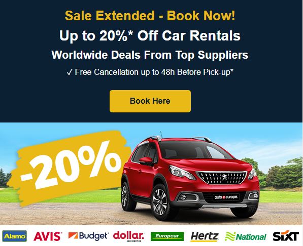 Global Sale Extended – More Time to Save! 🚗💨

Our global car rental sale is extended through May 7, with up to 20%* OFF rentals worldwide!

📅 Book now at autoeurope.com/car-rental-dea…
📞 Prefer to call? Speak with us at 1-888-223-5555

#Travel #TravelTips #roadTrip #limitedtimeoffer