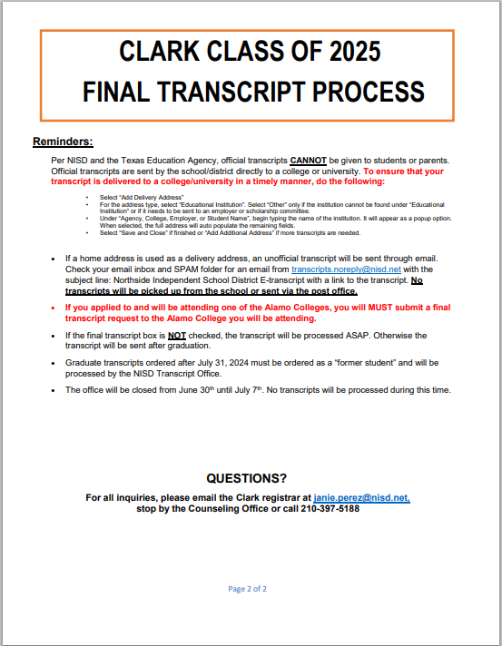 Clark Counselors (@clarkcounsdept) on Twitter photo Attention Seniors! Final transcripts can now be ordered. Please look at the flyer below for important information and instructions. 🐾😊🎓
<a href="/NISDClark/">Tom C. Clark HS</a> <a href="/Clarkpub/">Clark Journalism</a> <a href="/TCClarkAVID/">ClarkAVID</a> <a href="/ClarkHSTrainers/">Clark Athletic Training</a> Attention Seniors! Final transcripts can now be ordered. Please look at the flyer below for important information and instructions. 🐾😊🎓
<a href="/NISDClark/">Tom C. Clark HS</a> <a href="/Clarkpub/">Clark Journalism</a> <a href="/TCClarkAVID/">ClarkAVID</a> <a href="/ClarkHSTrainers/">Clark Athletic Training</a>