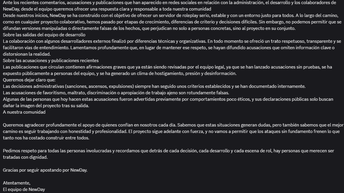 _poldescomm_'s tweet photo. Ya lo que me faltaba por leer.... Desde el momento que tanto Black como yo fuimos apartados de la programación de New Day y expulsados del servidor de staff los señores de CodeIQ y fundadores de New Day se dedicaron a difamarnos y a tratarnos de mierda para arriba, tengo pruebas de todo y como sigáis mintiendo voy a empezar a sacarlas, recuerdo que siendo parte de la conversación no incurro en ningún delito y ya lo tengo todo capturado, seguid así @NewDayRolePlay