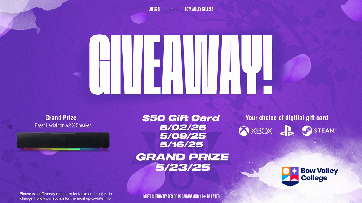 Lotus 8 Esports (@lotus8esports) on Twitter photo ๐จ<a href="/BowValley/">Bow Valley College</a> GIVEAWAY โ IN OUR DISCORD
One signup = 4 chances to win ๐
๐ฌ Join the #beyond-the-game section
๐ฎ Week 1โ3: $50 gift cards (Xbox, PS, Steam)
๐ Week 4: Grand Prize โ Razer Leviathan V2 X Soundbar
โ
Must be 18+ & live in Canada ๐จ๐ฆ
๐ Join our Discord to enter: ๐จ<a href="/BowValley/">Bow Valley College</a> GIVEAWAY โ IN OUR DISCORD
One signup = 4 chances to win ๐
๐ฌ Join the #beyond-the-game section
๐ฎ Week 1โ3: $50 gift cards (Xbox, PS, Steam)
๐ Week 4: Grand Prize โ Razer Leviathan V2 X Soundbar
โ
Must be 18+ & live in Canada ๐จ๐ฆ
๐ Join our Discord to enter: