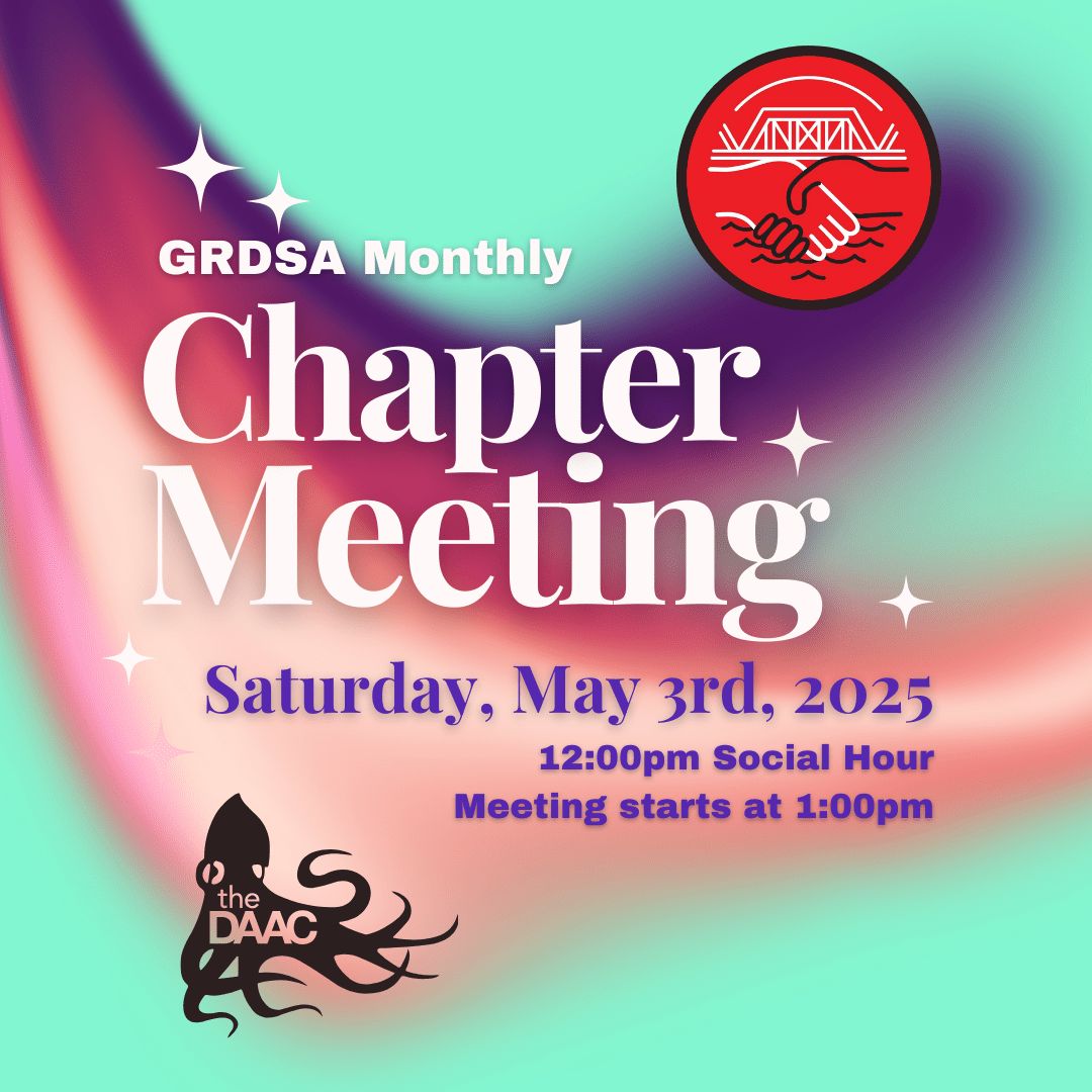 GrandRapidsDSA's tweet photo. Come join us for our Monthly Chapter Meeting, May 3rd, at the DAAC. Our Chapter Meeting is open to members and non-members. See what our Working Groups are up to and discuss a few of the proposals for DSA National Conventions later this summer. RSVP at https://t.co/gHV9UCMcr5 https://t.co/7hBBMlHh5O