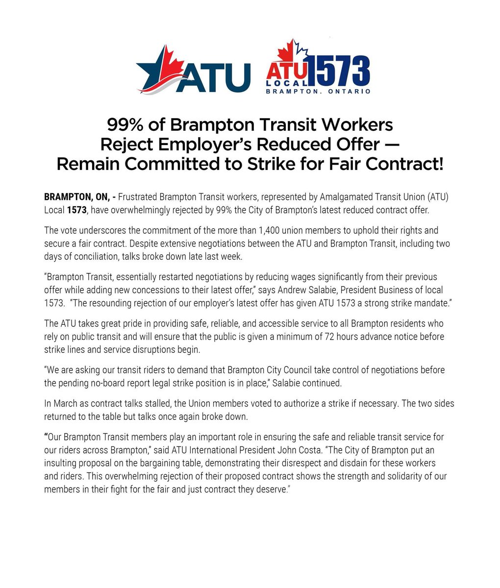 We stand with our Local 1573-Brampton, ON, members in their fight for a fair contract. #ATUStrongerTogether #1u #canlab <a href="/OFLabour/">OFL</a>