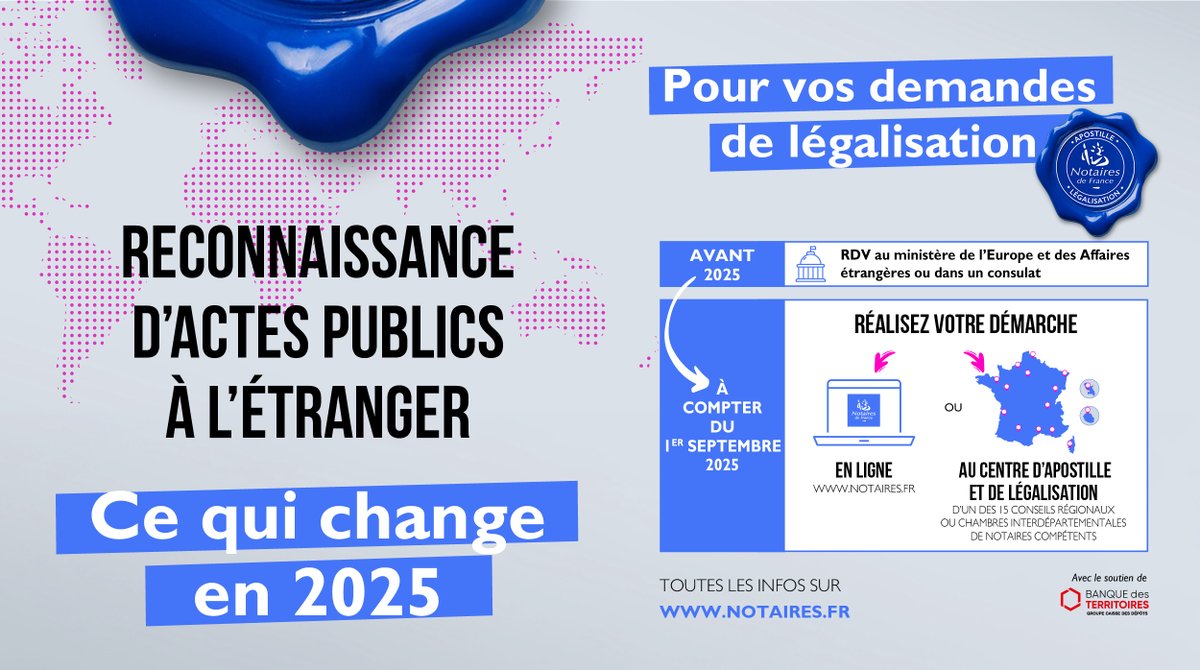 🔎 Apostille et légalisation : ce qui change en 2025

📌 Les #NotairesdeFrance, par l’intermédiaire des centres d'apostille et de légalisation d'un des 15 Conseils régionaux ou Chambres interdépartementales de notaires compétents, délivreront :  
👉 A partir d'aujourd'hui, les