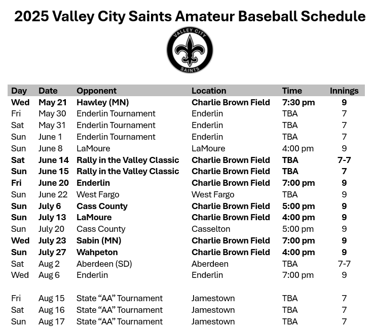 VCSaints's tweet image. Here is your 2025 Valley City Saints schedule!

As always, the schedule is always subject to change