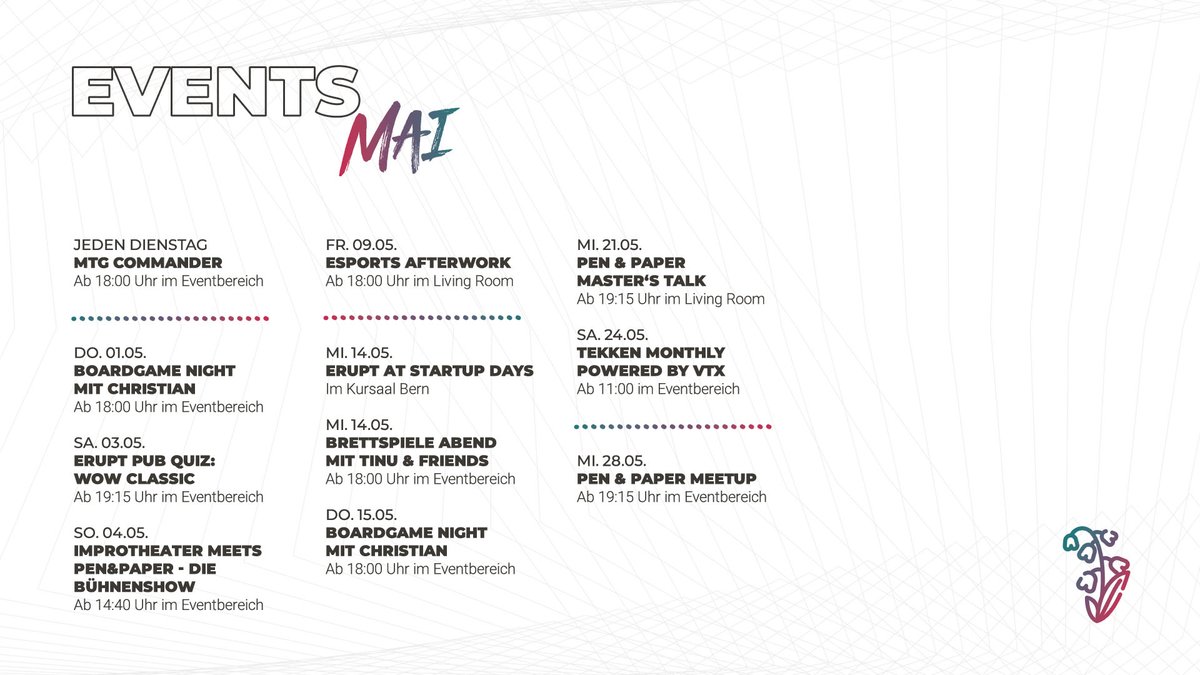 Erupt Lounge (@erupt_lounge) on Twitter photo Our May event plan is here! ๐คฉ
๐ป Next Esports Afterwork with @myinsanitych: Swiss LAN parties
๐ Catch us at <a href="/startupdays_ch/">startupdays</a>
๐ค Tekken Monthly powered by <a href="/virtualetix/">virtualetix</a>
More info as always โถ๏ธ links.erupt.ch Our May event plan is here! ๐คฉ
๐ป Next Esports Afterwork with @myinsanitych: Swiss LAN parties
๐ Catch us at <a href="/startupdays_ch/">startupdays</a>
๐ค Tekken Monthly powered by <a href="/virtualetix/">virtualetix</a>
More info as always โถ๏ธ links.erupt.ch
