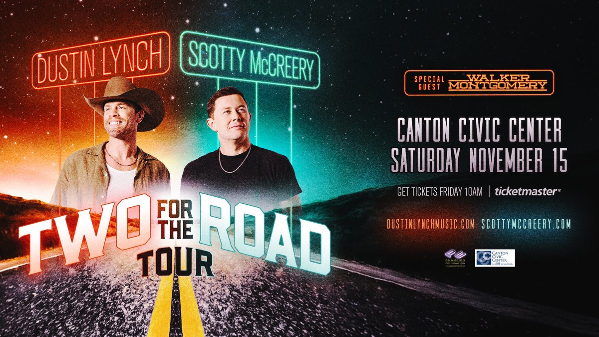 Presale Alert 🚨 Get your tickets NOW until 10pm tonight!
Use code PEPPER @ this link -&gt; bit.ly/TwoForTheRoadT…
#PepperPresents Dustin Lynch and Scotty McCreery: Two for the Road Tour
With special guest Walker Montgomery
📍 Canton Civic Center | 📅 Saturday, November 15th