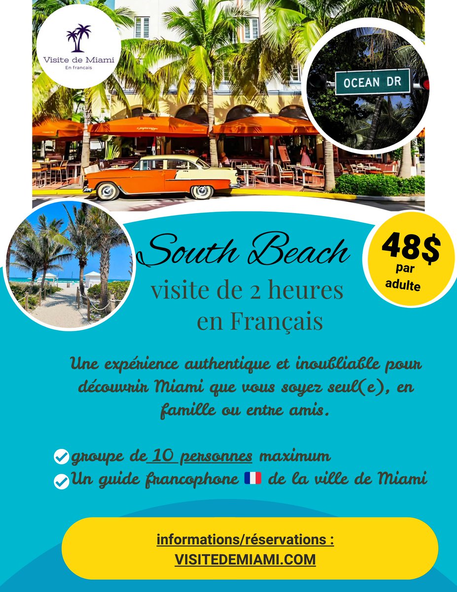 Infos ➡️ Visitedemiami.com 
Réservations ➡️ bookeo.com/visitedemiami

Les avantages d’un groupe restreint (maximum 10 personnes) pour découvrir South Beach .
#travel #france #vacances
#paris #voyage #floride #miami #Luxembourg #suisse #Montreal