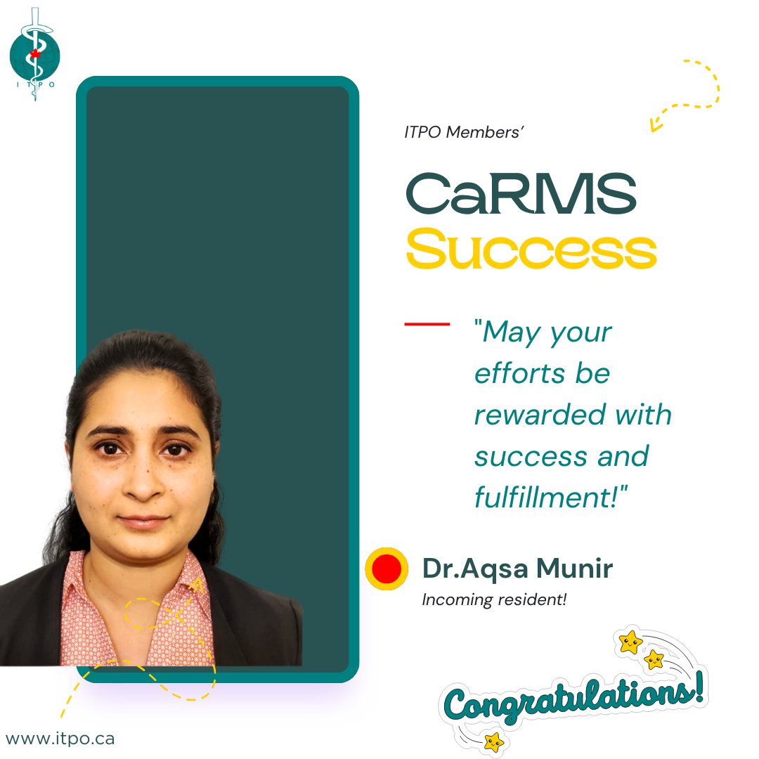 Here’s a Twitter-optimized version:

🎉 Big congrats to Dr. Aqsa Munir for matching into Family Medicine! 👏💙
She sharpened her CaRMS application with ITPO’s CV &amp; Personal Statement workshops. So proud of you, Aqsa! ✨
#Matched2025 #CaRMSMatch #FamilyMedicine #ITPO #IMGSuccess