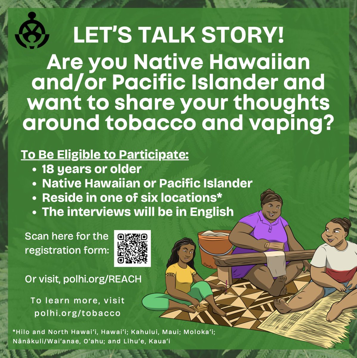PapaOlaLokahi's tweet photo. The REACH Project is connecting with Native Hawaiians and Pacific Islanders to better understand tobacco use and how we can create culturally grounded messaging to support quitting. Join the conversation by visiting https://t.co/kRaxPTQ1jr today!
#REACHProject #TobaccoFreeHawaii https://t.co/jB9xoylUQm