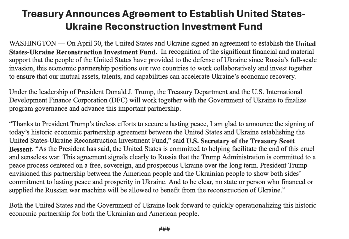 BREAKING: THE UKRAINE MINERALS DEAL HAS BEEN SIGNED.

This now establishes the "US-Ukraine Reconstruction Investment Fund."