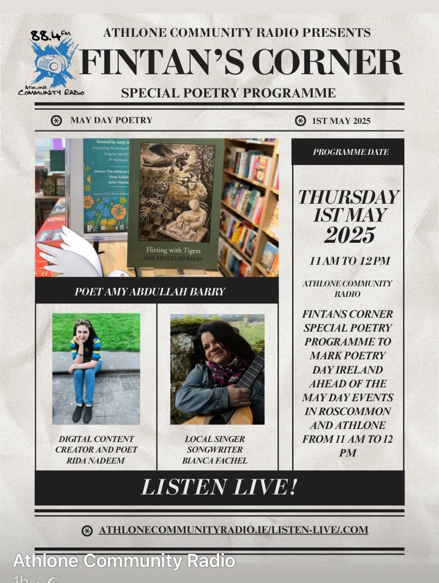 Amy A Barry (@amybarry12) on Twitter photo We will be live on May1st on Athlone Community Radio
Celebrating May Day🍀
<a href="/poetryireland/">Poetry Ireland / Éigse Éireann</a>
<a href="/dedaluspress/">Dedalus Press</a>
<a href="/adrian_cusack/">Adrian Cusack</a>
<a href="/Culloty_Liz/">Liz Kelly</a>
<a href="/JessicaTraynor6/">Jessica Traynor</a> <a href="/NiChurr/">Annemarie Ní Churreáin</a> <a href="/jane_janeclarke/">Jane Clarke</a> <a href="/maryodonnell03/">Dr Mary O'Donnell</a> We will be live on May1st on Athlone Community Radio
Celebrating May Day🍀
<a href="/poetryireland/">Poetry Ireland / Éigse Éireann</a>
<a href="/dedaluspress/">Dedalus Press</a>
<a href="/adrian_cusack/">Adrian Cusack</a>
<a href="/Culloty_Liz/">Liz Kelly</a>
<a href="/JessicaTraynor6/">Jessica Traynor</a> <a href="/NiChurr/">Annemarie Ní Churreáin</a> <a href="/jane_janeclarke/">Jane Clarke</a> <a href="/maryodonnell03/">Dr Mary O'Donnell</a>