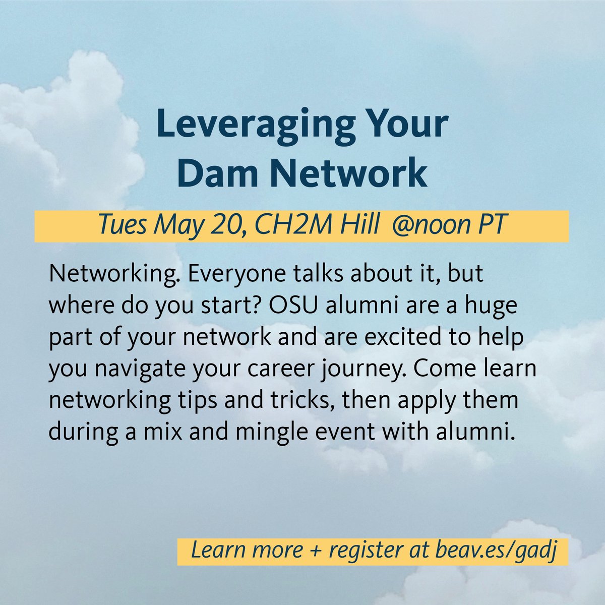 Head into summer with career confidence! Through workshops every week in May, we will cover a range of topics designed to help you succeed. Learn more and register at beav.es/gadj.

#career #job #internship #networking #application #gradschool #oregonstate #gobeavs