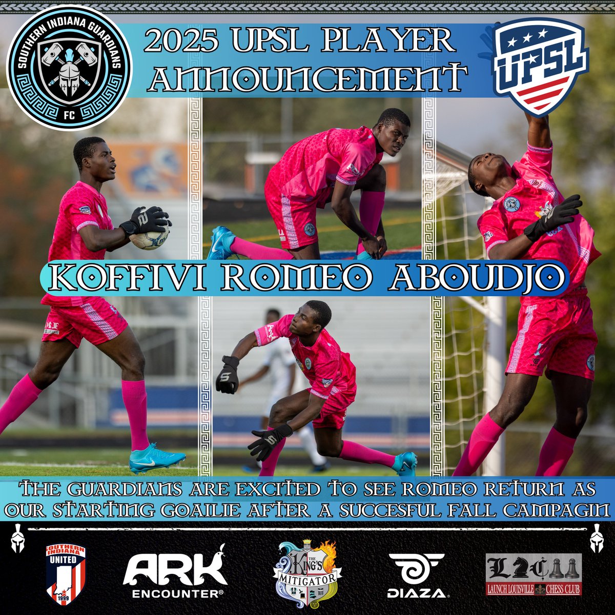 🛡️ PLAYER ANNOUNCEMENT – ROMEO RETURNS 🛡️

With the Spring 2025 season well underway, we’re proud to spotlight the return of Koffivi Romeo Aboudjo, our starting goalkeeper and a pillar of strength for the Southern Indiana Guardians FC.

Following a successful fall campaign in the