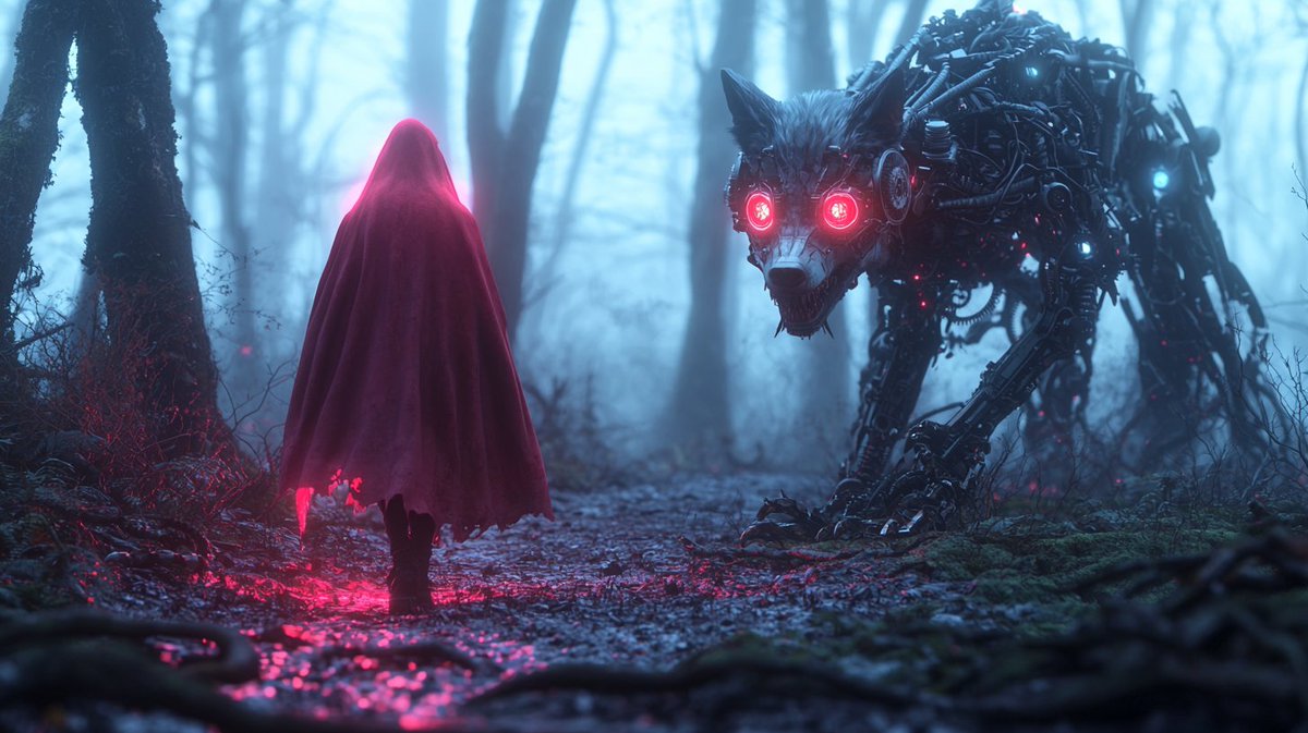 Synth_Cyborg's tweet photo. Not all wolves howl. Some click, whirr, and wait.
#CyberFairyTale #RedVsMachine #NeoGothic #DarkFantasyArt https://t.co/6sQAdqxkNZ