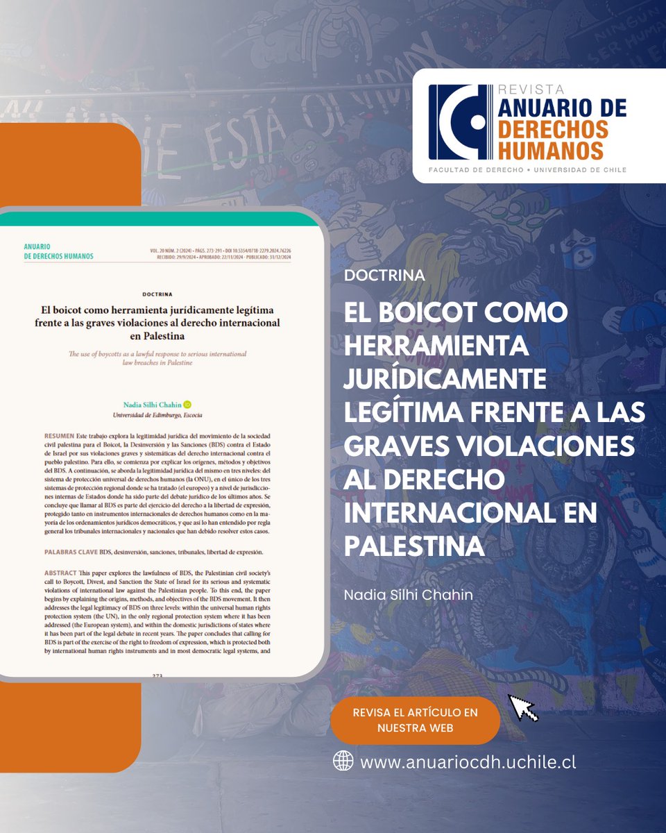 📚 [ARTICULO DE ANUARIO]

📕 Título: "El boicot como herramienta jurídicamente legítima frente a las graves violaciones al Derecho Internacional en Palestina".

📝 Autores: Nadia Silhi Chahin.

💻 Revisa el artículo en el link de la biografía o en:
anuariocdh.uchile.cl