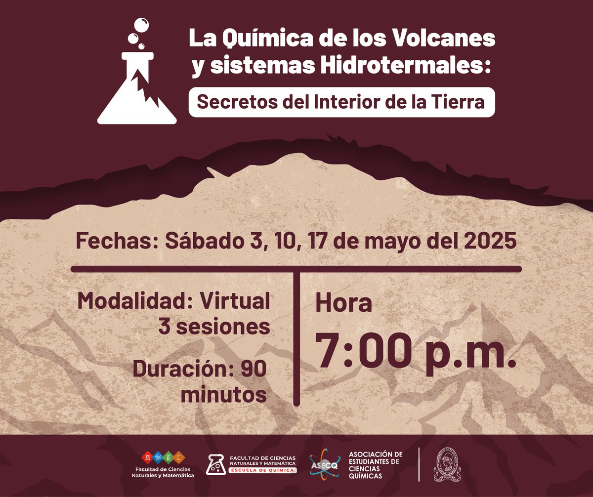 La Facultad, a través de la Escuela de Química UES y en coordinación con Asociación de Estudiantes de Ciencias Químicas - ASECQ, invita a participar en el curso libre:
“La Química de los Volcanes y Sistemas Hidrotermales: Secretos del Interior de la Tierra”