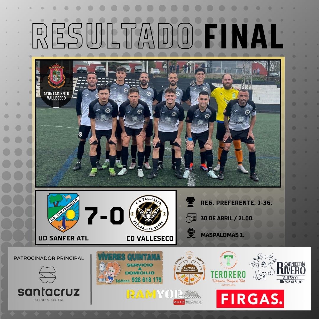 CD Valleseco Naturaleza Verde GC (@cdvallesecogc73) on Twitter photo Derrota. โ
โก๏ธ El primer equipo cae en el Municipal David Garcia de Maspalomas.
ยกHasta el final, siempre Valleseco! ๐
#๐ฅ๐๐๐๐๐๐ฎ๐๐๐๐๐๐ถ๐๐น๐๐๐๐๐๐๐ค๐ค Derrota. โ
โก๏ธ El primer equipo cae en el Municipal David Garcia de Maspalomas.
ยกHasta el final, siempre Valleseco! ๐
#๐ฅ๐๐๐๐๐๐ฎ๐๐๐๐๐๐ถ๐๐น๐๐๐๐๐๐๐ค๐ค
