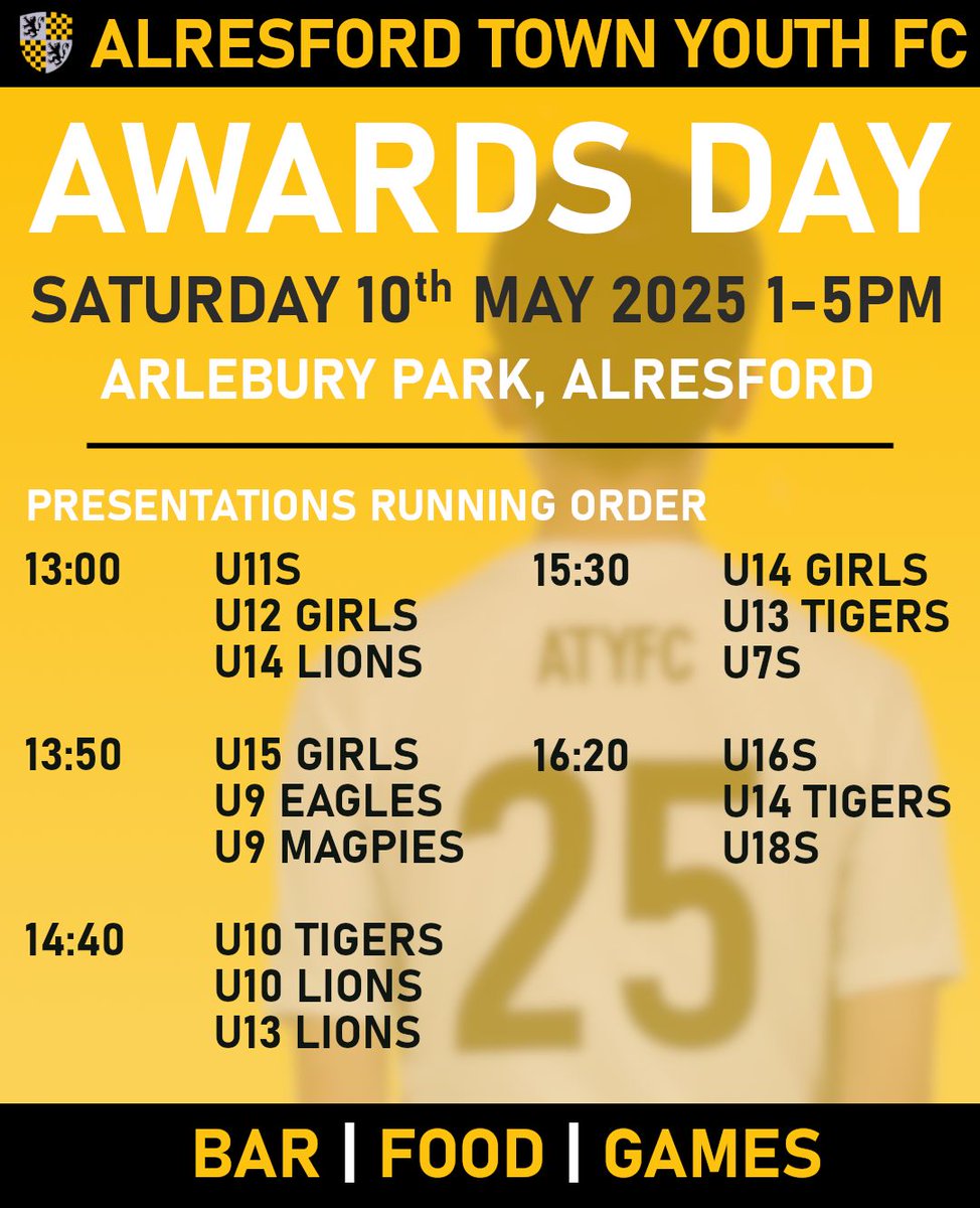 The ATYFC Awards Day 2025 is only 10 days away! Please come along to Arlebury Park on Saturday 10th May to support the ATYFC players and celebrate all their achievements this season. Bar, food and (hopefully) sunshine!