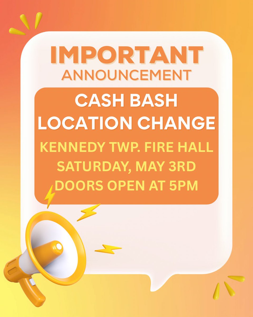 ‼️IMPORTANT ANNOUNCEMENT‼️

Due to the predicted inclement weather this Saturday, we have decided to move the Cash Bash indoors at:

Kennedy Twp. Fire Hall
1796 Pine Hollow Rd.
**Entrance is in the back**

Saturday, May 3rd - Doors open at 5PM!

See you there!
🖤🏈💛