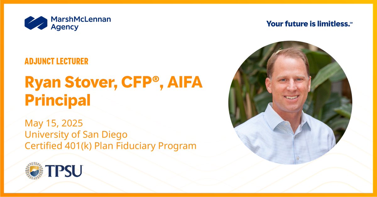 San Diego Plan Sponsors Don’t Miss This Opportunity! May 15 at University of San Diego, #MarshMMA Principal Ryan Stover will be speaking as an Adjunct Lecturer for the <a href="/TPSUniversity/">The Plan Sponsor University</a> Certified 401(k) Plan Fiduciary Program. Register today! bit.ly/3GuKFWl