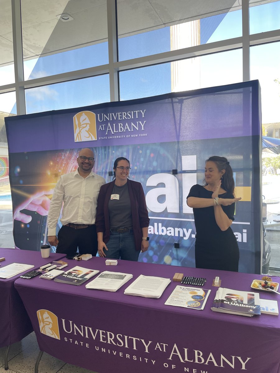 AlbanyPhilo's tweet photo. Philosophers tabling for AI+ at #UAlbanyShowcase
Pictured (L-R) Prof. Jason D'Cruz, Director of AI &amp; Society College, Prof. Alessandra Buccella, expert in Philosophy of AI, &amp; Elizabeth Gray, Philosophy Ph.D. student &amp; Associate Director of the AI &amp; Society Research Center https://t.co/MQwogjy1PV