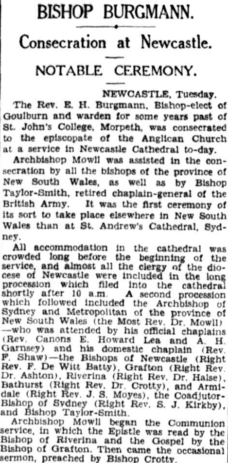 AustAnglican's tweet photo. The Burgmann consecration @newycathedral on 1 May 1934 also featured a special guest, the Rt Revd John Taylor-Smith, Bishop of Sierra Leone 1897-1901, Chaplain-General to the Forces 1901-1925. #91years Only the 3rd time an Australian consecration featured a non-Australian bishop. https://t.co/2pKrDYg4r6