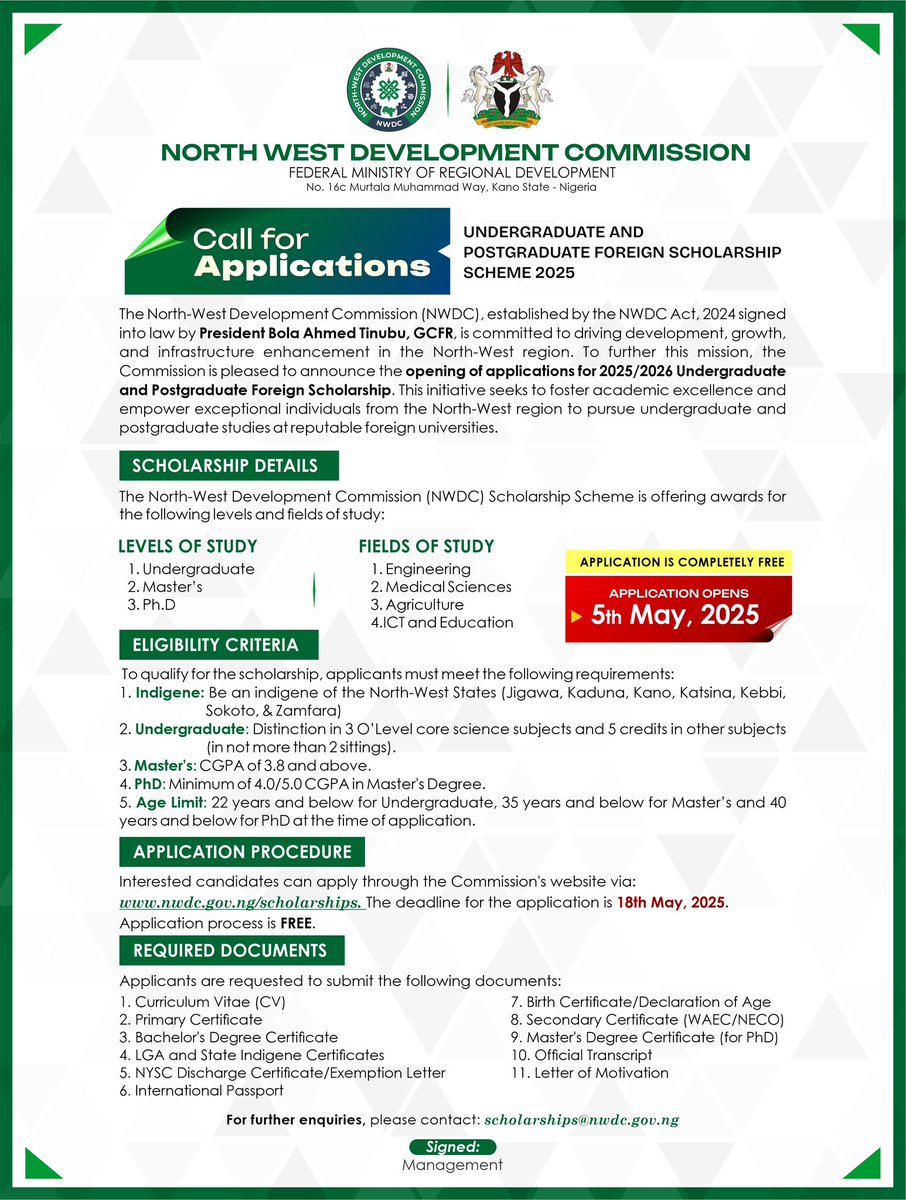 NWDCOfficialNg's tweet image. 🚨 𝐂𝐀𝐋𝐋 𝐅𝐎𝐑 𝐀𝐏𝐏𝐋𝐈𝐂𝐀𝐓𝐈𝐎𝐍𝐒:
𝐔𝐧𝐝𝐞𝐫𝐠𝐫𝐚𝐝𝐮𝐚𝐭𝐞 𝐚𝐧𝐝 𝐏𝐨𝐬𝐭𝐠𝐫𝐚𝐝𝐮𝐚𝐭𝐞 𝐅𝐨𝐫𝐞𝐢𝐠𝐧 𝐒𝐜𝐡𝐨𝐥𝐚𝐫𝐬𝐡𝐢𝐩 𝐒𝐜𝐡𝐞𝐦𝐞 𝟐𝟎𝟐𝟓

The North-West Development Commission (NWDC) Scholarship Scheme is offering awards for the following levels and…