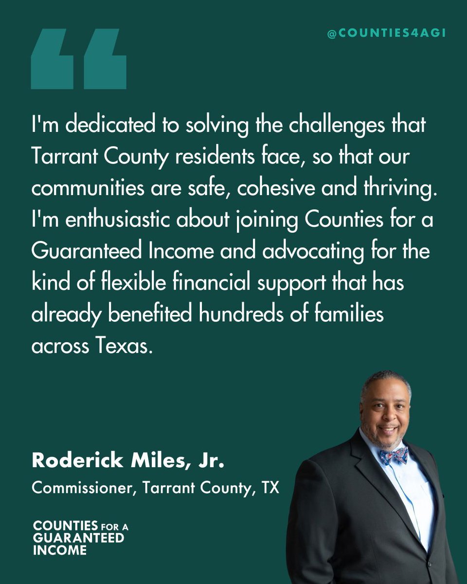 Hailing from Fort Worth, TX, Tarrant County <a href="/commishmiles/">Commissioner Roderick Miles, Jr</a> is joining CGI this week, making him the 49th member to join our coalition of county elected leaders advocating for direct cash policies that create economic stability.

5⃣0⃣, here we come!