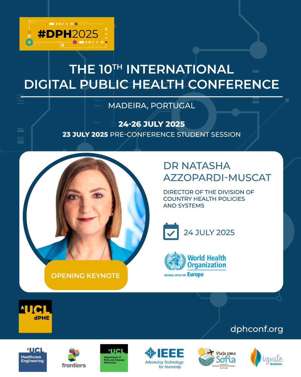 UCL Centre for Digital Public Health in Emergency (@ucl_dphe) on Twitter photo Keynote Speaker Alert!
Weโre proud to welcome Dr Natasha Azzopardi-Muscat (<a href="/natasha_azzmus/">Natasha Azzopardi Muscat</a>), Director of Country Health Policies & Systems <a href="/WHO_Europe/">WHO/Europe</a>, to #DPH2025!
Sheโll open our 10th Digital Public Health Conference on 24 July in Madeira.
dphconf.org/attending/regiโฆ
#DigitalHealth Keynote Speaker Alert!
Weโre proud to welcome Dr Natasha Azzopardi-Muscat (<a href="/natasha_azzmus/">Natasha Azzopardi Muscat</a>), Director of Country Health Policies & Systems <a href="/WHO_Europe/">WHO/Europe</a>, to #DPH2025!
Sheโll open our 10th Digital Public Health Conference on 24 July in Madeira.
dphconf.org/attending/regiโฆ
#DigitalHealth
