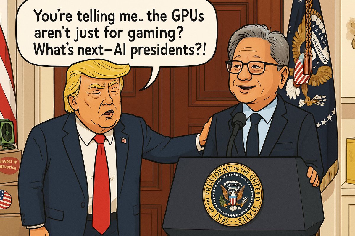 scoutingcareers's tweet photo. Trump to Jensen Huang at the White House:
“You’re telling me… the GPUs aren’t just for gaming? What’s next—AI presidents?!” https://t.co/xIfuaUXXwI