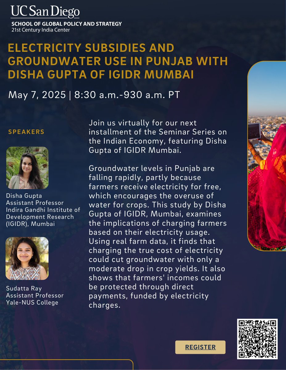 21st Century India Center (@gpsindiacenter) on Twitter photo We're thrilled to welcome Disha Gupta (<a href="/dishag9/">Disha Gupta</a>) from @IGIDR_Mumbai as the next speaker in our virtual Seminar Series on the Indian Economy with discussant Sudatta Ray from @YaleNUS. Join us by registering here: gps-ucsd.zohobackstage.com/ElectricitySub… #IndianEconomy We're thrilled to welcome Disha Gupta (<a href="/dishag9/">Disha Gupta</a>) from @IGIDR_Mumbai as the next speaker in our virtual Seminar Series on the Indian Economy with discussant Sudatta Ray from @YaleNUS. Join us by registering here: gps-ucsd.zohobackstage.com/ElectricitySub… #IndianEconomy