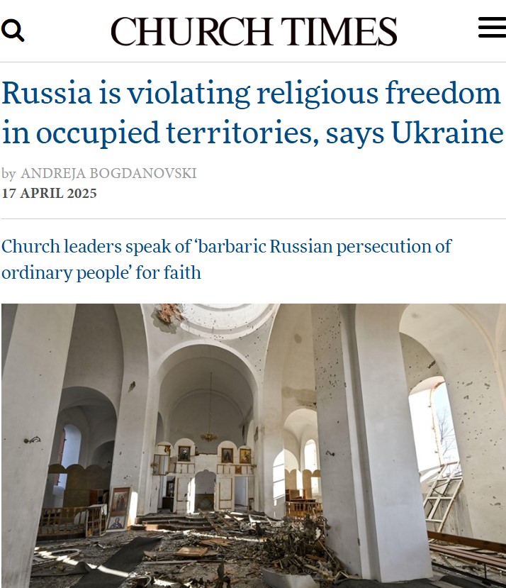 MVasin's tweet photo. This article in Church Times serves as another reminder of Russia’s war crimes in #Ukraine. The horrifying destruction of churches and religious landmarks is merely the visible face of the genocidal war that #Russia is waging against Ukrainians as a nation and ethnic group. 1/2 https://t.co/ANFQMkp9N1