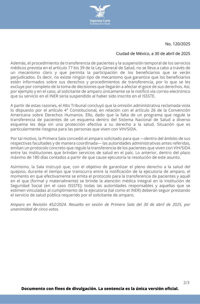 La omisión de las autoridades de salud de establecer un protocolo que regule la transferencia de pacientes que viven con VIH/SIDA de una institución de salud a otra, considerando sus necesidades específicas, transgrede su derecho a la salud: #PrimeraSalaSCJN