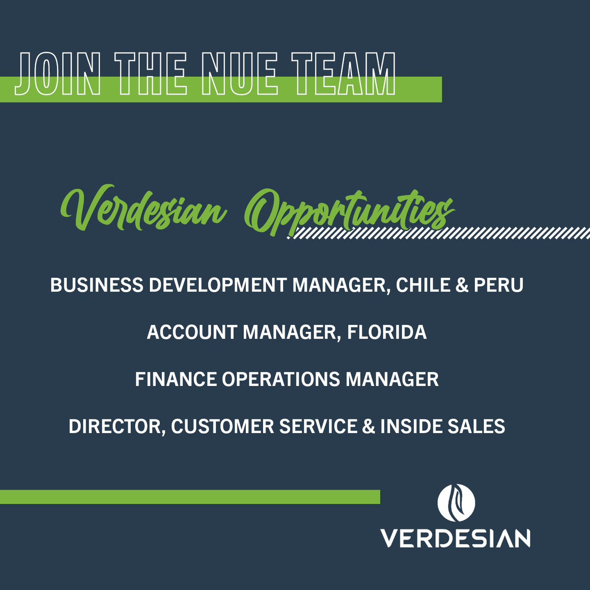 Join us in shaping the future of agriculture! We're hiring:

📍 Business Development Manager – Chile &amp; Peru
📍 Account Manager – Florida
📍 Finance Operations Manager
📍 Director, Customer Service &amp; Inside Sales

🔗 Learn more: recruiting.ultipro.com/VER1014VLSUL/J…