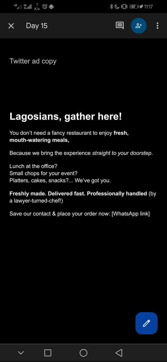 BheeTheSMM's tweet photo. 15/60 ✅

@Extrastiv @soyecaterings

#60daysofcopywriting #adcopy https://t.co/GUd8Txvmvg