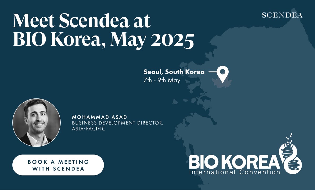 scendea's tweet image. Our BD Director, Mohammad Asad, is excited to be attending BIO Korea in Seoul next week. Book a meeting with Mo during his time in Seoul or get in touch now to speak with a member of the team! scendea.com/contact
-
#drugdevelopment #regulatorysupport #BIOKorea