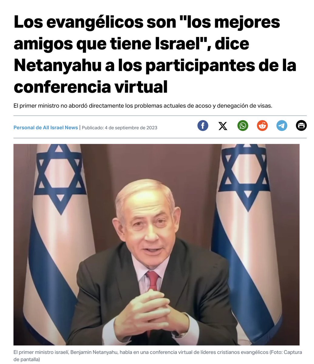 Nótese que no dice "católicos".
Tampoco dice "ortodoxos". 
Claramente dice, "evangélicos". 

Sin exageración, sin los evangélicos en Occidente, no existiría un Estado moderno de Israel. El sionismo nació en el seno del evangelicalismo moderno y se sustenta continuamente gracias a
