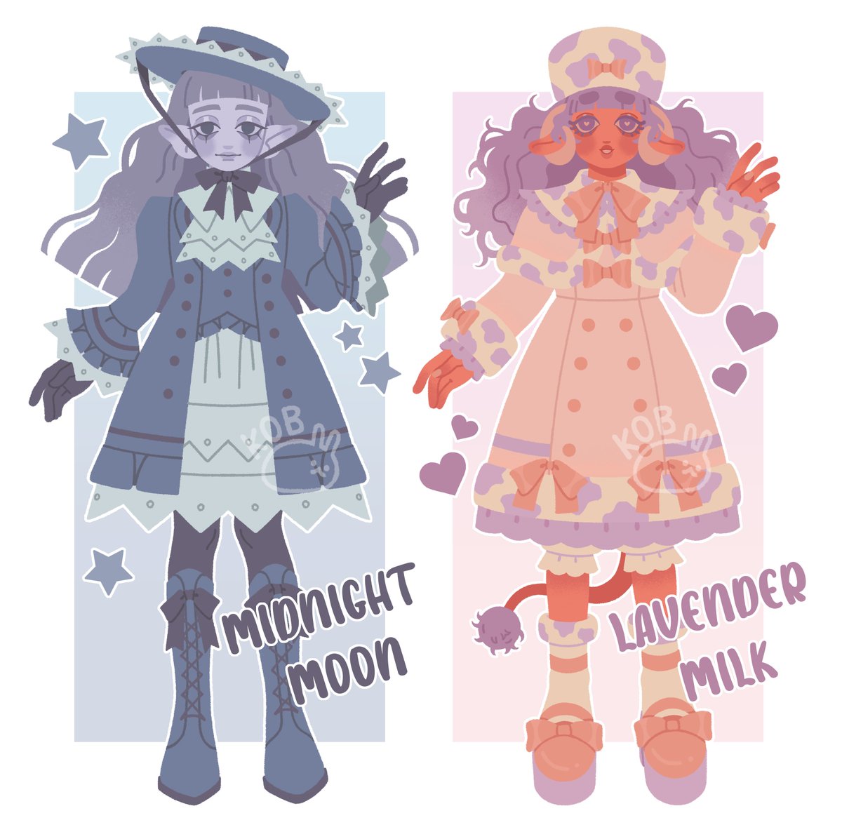 NEW FANTASY ADOPTABLE DESIGNS, midnight moon and lavender milk, are now available for purchase in my store for $75 each 🌒🐮💖 support an artist, get an adorable original character design! ✨ ko-fi.com/N4N27AWU/shop