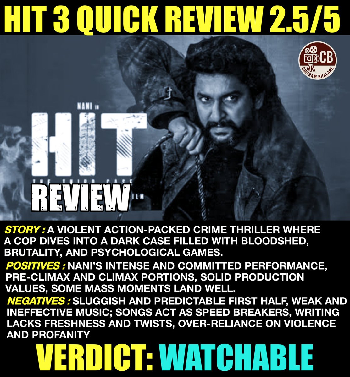 chitrambhalareI's tweet photo. #Hit3Review: 2.5/5 - WATCHABLE
#Nani one man show 👌👏🔥💥
#Hit3 #Hit3FDFS https://t.co/BjWl52y6py
