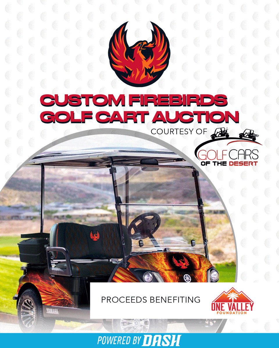 Auction ends tonight at 8pm!! Take home this one-of-a-kind Custom Firebirds Golf Cart, Courtesy of Golf Cars of the Desert. This golf cart is valued at over $17,500. All money raised from this auction will directly benefit the One Valley Foundation. 
bit.ly/3EMXCdm