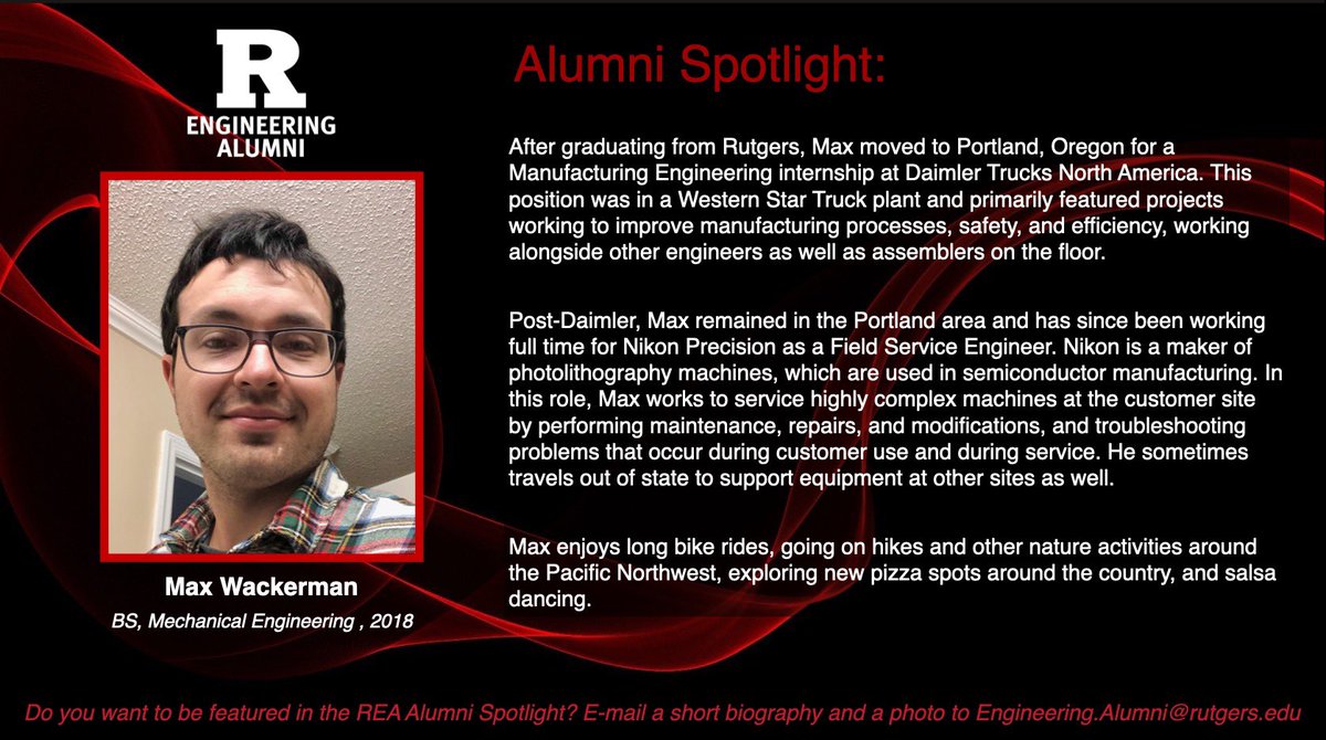 Rutgers Engineering Alumni (@rutgersengineer) on Twitter photo Alumni Spotlight: Max Wackerman!
🔴 Max is RU ENG Class of 2018, and has worked across the USA in FL, NM, and now Oregon!
🌟 Max was in the marching band and salsa dancing club at RU!
➡️ Do you want to be featured? Email pic & bio Engineering.Alumni@Rutgers.edu Alumni Spotlight: Max Wackerman!
🔴 Max is RU ENG Class of 2018, and has worked across the USA in FL, NM, and now Oregon!
🌟 Max was in the marching band and salsa dancing club at RU!
➡️ Do you want to be featured? Email pic & bio Engineering.Alumni@Rutgers.edu