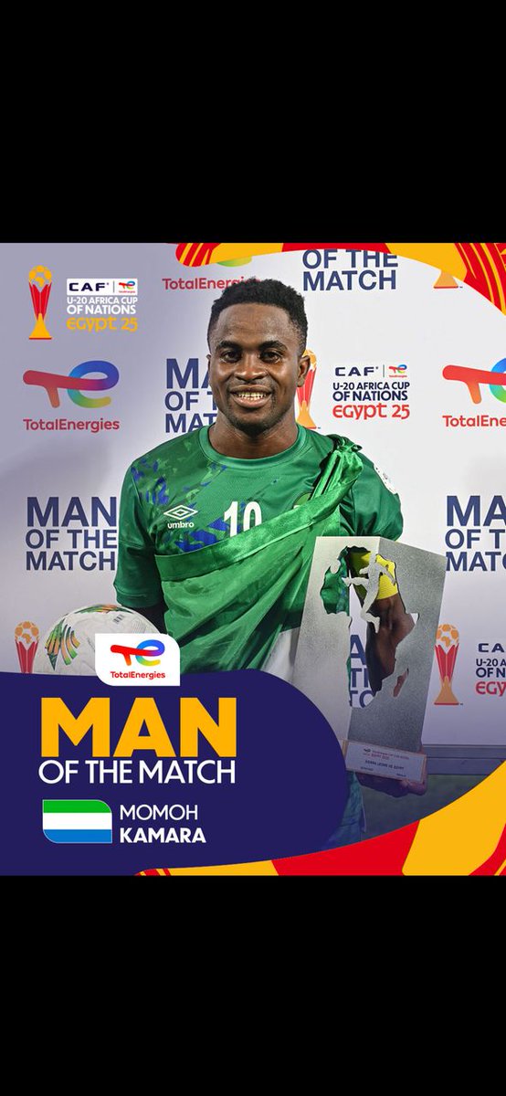 Congratulations to our Youth U-20 side, #ShootingStars for your 4-1 thumping of tournament host, #Egypt in the #TotalEnergiesAFCONU20. Bravo to the skipper, #MomohKamara, for your stellar performance, grabbing a hattrick. 🇸🇱