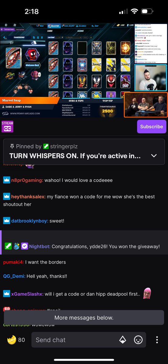 _ydde's tweet photo. @PA_Megacorp @MARVELSNAP @KMBestMS @seconddinner ended up getting chosen again, while waiting but still haven’t gotten either of the codes. made sure whispers were enabled. https://t.co/k8GccWmP6m