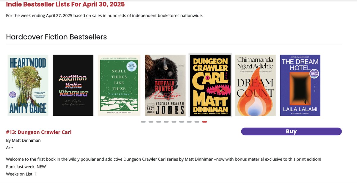mattdinniman's tweet photo. Despite coming out in August of last year, Dungeon Crawler Carl #1 has just stepped onto the Indie bookstore bestseller list for the first time @ number 13. It has also risen to #55 on the USA Today overall books list. Like with the self-pubbed version, things are accelerating. https://t.co/GdUF9brYer