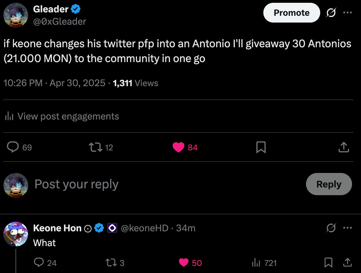 0xGleader's tweet photo. Keone decided to rug me so I'm doing a giveaway of 30 Antonios 🥲
Giveaway tweet will be next 
btw don't forget I'm raffling an Antonio right now but I guess it's whatever compared to what's coming lmao https://t.co/qIHvS84pvE