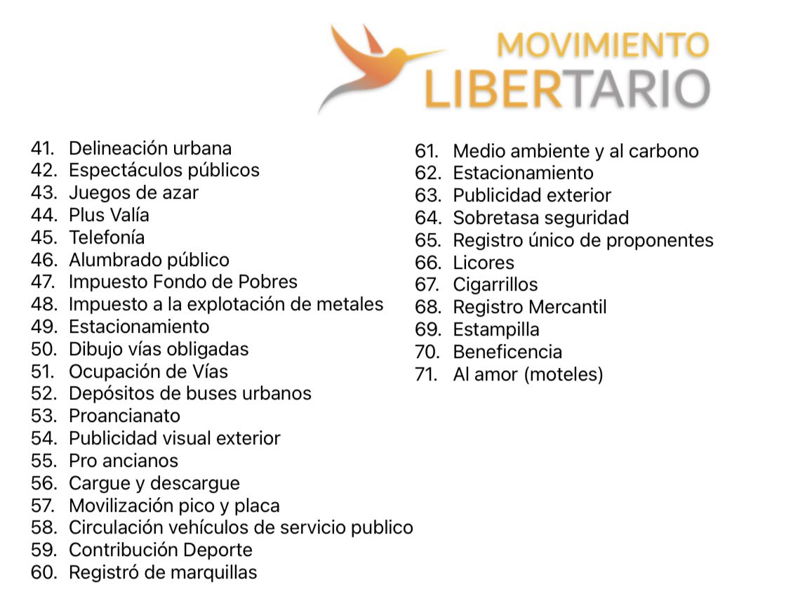 ESTADO: En Colombia casi no se pagan impues….

MLC: …Listado de los 71 impuestos que pagamos en Colombia, el último es simplemente una genialidad!!

Qué impuesto hace falta?